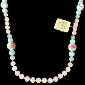 Vintage 60s Rose Quartz & Painted Rose Floral Beads 30" Necklace New Old Stock